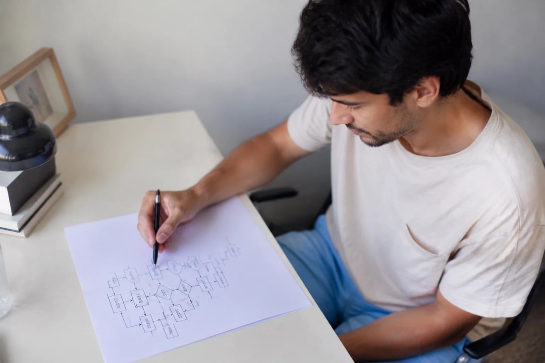 Duas pessoas relendo num tablet as notas da rodada anterior sobre a mesa de madeira
